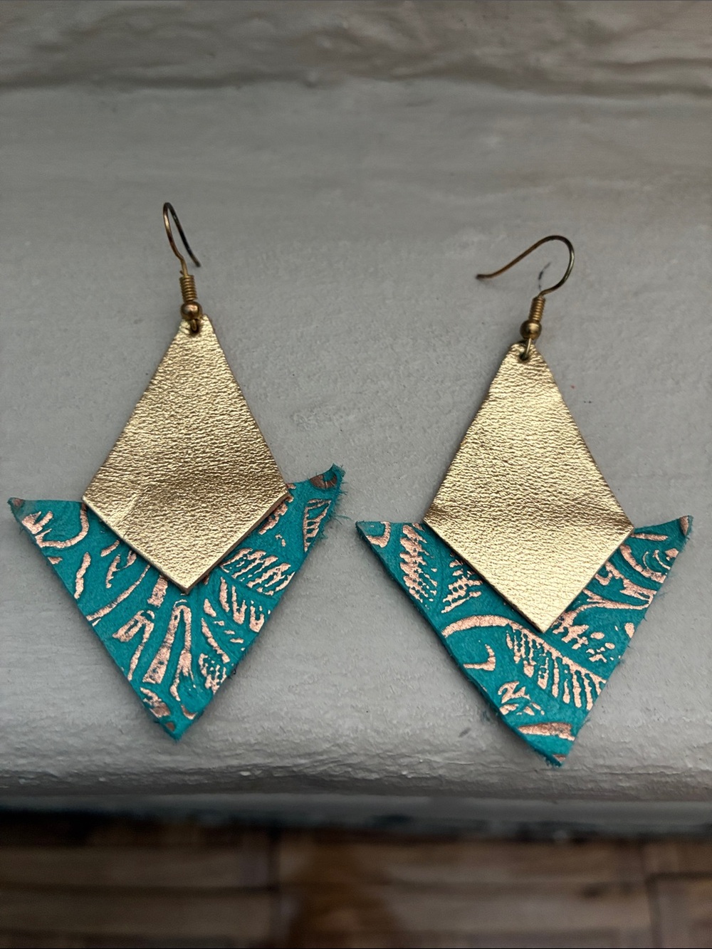 Gold and Teal Diamond-Layer Leather Drop Earrings